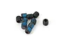 A small pile of black metal grub screws with blue thread locker applied to the threads, isolated on a white background.