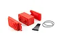 ARRMA ADS series servo case parts including red plastic housing sections, four black screws, and two black rubber O-ring gaskets on a white background.