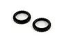 Two black aluminium shock spring adjuster nuts for ARRMA RC vehicles, shown from an angled top-down perspective on a white background.