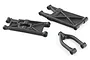 Three black molded plastic suspension arm components for an ARRMA RC buggy on a white background.