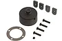 ARRMA differential case set including a main housing, four mounting tabs, four screws, one gasket, and a small spacer.