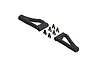 A pair of black ARRMA RC front upper suspension arms with six small plastic spacers arranged between them on a white background.