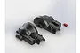 Two black plastic ARRMA differential case halves and one small red plastic clip on a white background.