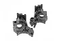Two black plastic ARRMA gearbox case halves and a small metal pin on a white background.