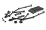 A set of black plastic RC car roll cage components and a roof panel for the ARRMA Raider 2014, laid out on a white background.