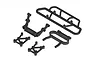 A set of black plastic RC car parts including a rear bumper, mounting brackets, and support braces on a white background.