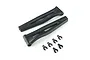 Two black plastic ARRMA RC front upper suspension arms and five small C-clip spacers on a white background.