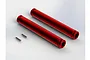 Two red anodized aluminium drive shaft sliders and two small metal pins on a white background.