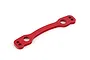 A red anodized aluminium Ackerman steering plate for an ARRMA RC vehicle, featuring a curved design with multiple mounting holes.