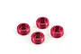 Four red anodized aluminium front hub nuts for ARRMA RC vehicles arranged on a white background.