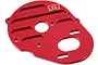 A red anodized aluminium motor mount plate for ARRMA RC vehicles, featuring machined slots and the ARRMA logo.