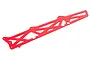 A red anodized aluminium TVP chassis side plate for an ARRMA RC vehicle, featuring a skeletonized design with multiple mounting holes.