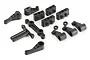 A collection of black plastic RC steering and servo horn components from ARRMA, laid out on a white background.