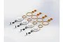 ARRMA shock rebuild kit components including four white rubber bladders, orange O-rings, metal nuts, and small screws arranged on a white background.