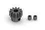 A grey metal 12-tooth pinion gear with two small grub screws on a white background.