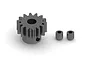 ARRMA 14T 1Mod steel pinion gear with two grub screws on a white background.