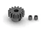 A grey metal 15-tooth pinion gear with two grub screws on a white background.