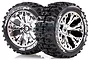 Two Louise ST-Pioneer RC truck wheels with chrome spoke rims and black knobby rubber tires, shown against a white background.
