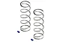 Two silver metal RC shock springs and two small blue plastic markers on a white background.