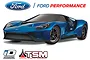 A studio shot of a blue Traxxas Ford GT RC car with Ford Performance branding and TSM and iD logos below.