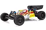 HSP Mongoose 1/10 scale 2WD electric RC buggy with a yellow and red flame-patterned body shell, black wheels, and a rear wing.
