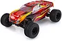 HSP Viper 1/10 scale 2WD electric RC stadium truck with a red, yellow, and black flame-patterned body shell on a white background.