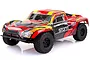 HSP Storm 1/10 scale RC short course truck with a red, yellow, and black body shell on a white background.