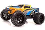 HSP Savagery 1/8 scale electric brushless RC monster truck with orange, blue, and yellow body shell on a white background.