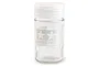 A clear glass Tamiya paint mixing jar with a white plastic screw-on lid, featuring the Tamiya logo and text printed on the front.
