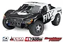 Traxxas Slash 1/10 scale 4WD short course truck with a black and white Fox Racing livery, shown on a white background with feature logos below.
