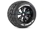 Louise 3.8 inch MT-Rocket RC monster truck tyre pre-glued to a black multi-spoke plastic rim with white sidewall branding.