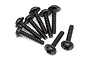 A group of eight black HPI Racing 3x15mm coarse thread washer head screws arranged on a white background.