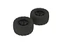 Two ARRMA 2.8 inch dBoots Copperhead monster truck tires pre-mounted on black plastic rims, shown from a high angle against a white background.