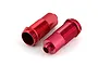 Two red anodized aluminium RC shock absorber bodies for ARRMA vehicles, shown against a plain white background.