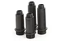 Four black plastic RC shock absorber bodies of varying lengths arranged on a white background.