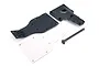ARRMA 2014 spec lower chassis plate set including black plastic components, a silver metal plate, and a small plastic rod.
