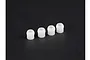 Four small white plastic pivot balls arranged in a row against a dark background.
