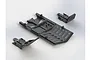 A set of three black ARRMA RC skid plates including a large centre plate and two smaller front and rear plates on a white background.