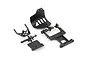 ARRMA black plastic RC car spare parts including a front bumper, rear chassis plate, and mounting components on a white background.