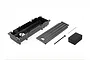ARRMA long chassis tray set including a black plastic battery tray, lid, body clip, and foam spacer on a white background.