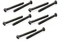 A set of ten black metal button head screws with fine threading arranged in pairs on a white background.