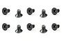 Ten black metal countersunk screws arranged in two rows of five on a white background.