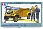 Tamiya 1/48 scale German Kubelwagen Type 82 plastic model kit box art showing a yellow military vehicle, two German airmen, and a fighter plane.