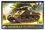 Tamiya 1/48 scale M4 Sherman Early Production plastic model kit box featuring an illustration of a tank in a forest setting.
