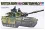 Tamiya 1/35 scale British Chieftain Mk.5 tank plastic model kit box art showing a camouflaged tank with crew members.