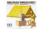Tamiya 1/35 scale Military Tent Set model kit box art showing a soldier using a radio inside a yellow tent.