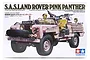 Tamiya 1/35 scale S.A.S. Land Rover Pink Panther model kit box art showing a pink military vehicle with a soldier and machine guns.