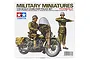 Tamiya 1/35 scale U.S. Military Police plastic model kit box art featuring a soldier on a motorcycle and a standing MP.