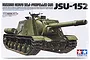 Tamiya 1/35 scale Russian JSU-152 heavy self-propelled gun plastic model kit box art showing a detailed green tank with crew figures.