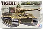 Tamiya 1/35 scale German Tiger I Late Version tank model kit box art showing a camouflaged tank with a commander figure.